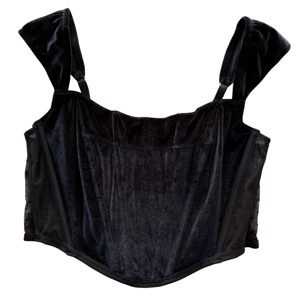 Victoria's Secret Black Velvet Sheer‎ Dot Corset Bustier Top L Whimsigoth Retro